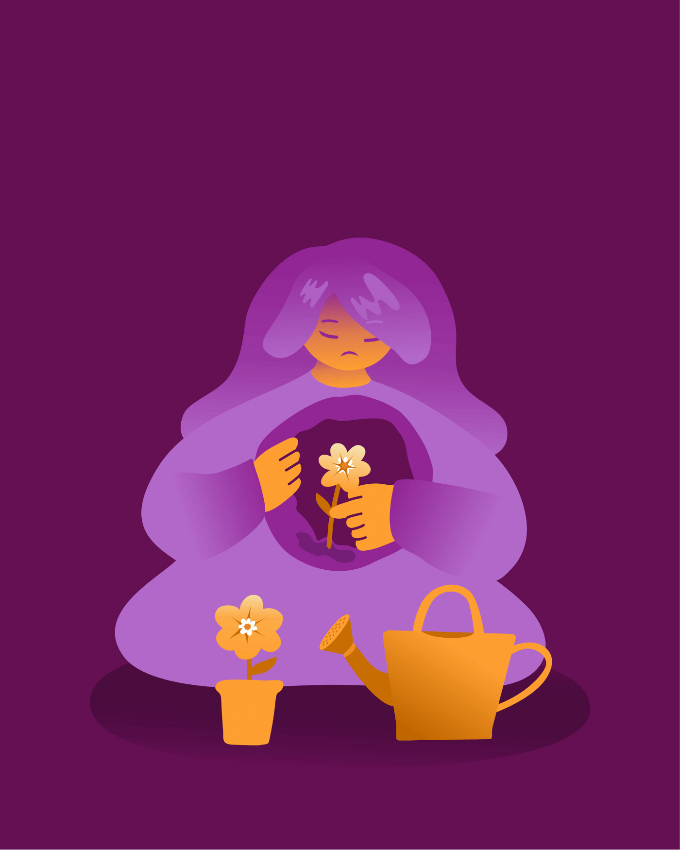 Purple illustration of a figure in flowing hair holding a flower and watering can