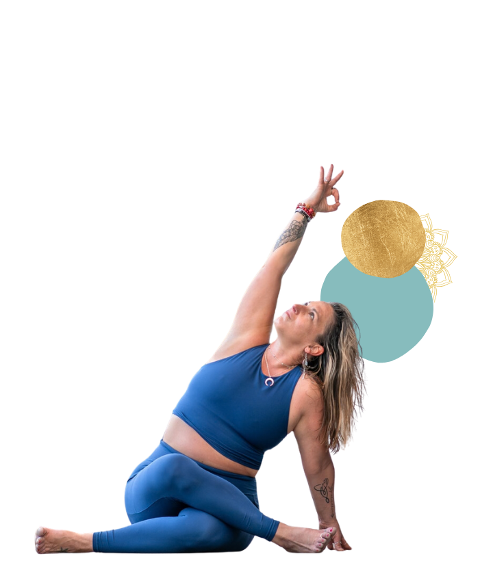 Yoga coach in blue practicing a seated side stretch