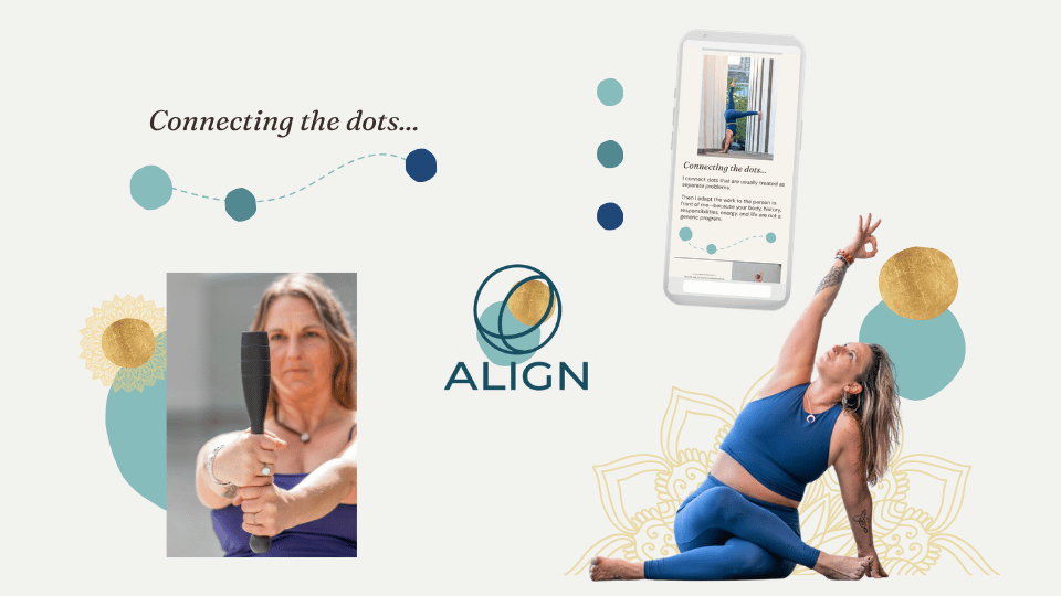 Align Yoga & Strength brand collage with logo, coach photos and website preview