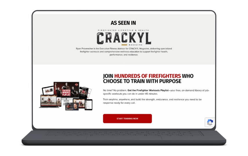 Firefighter Peak Performance landing page featuring "As seen in" press
