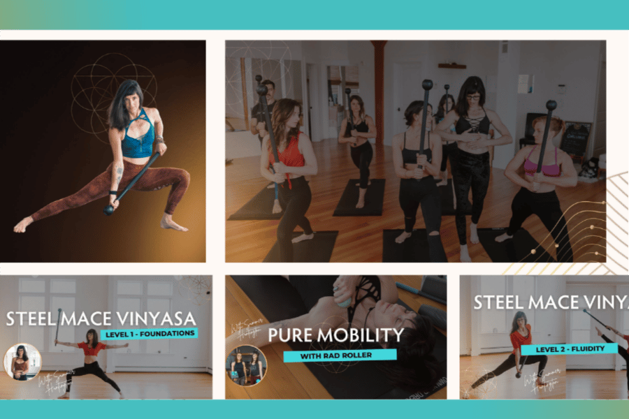 Flowshala class thumbnails for steel mace vinyasa and mobility programs