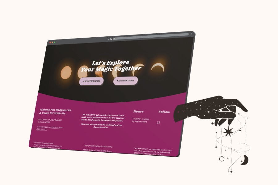 Melting Pot Bodyworks dark purple website section on a tablet