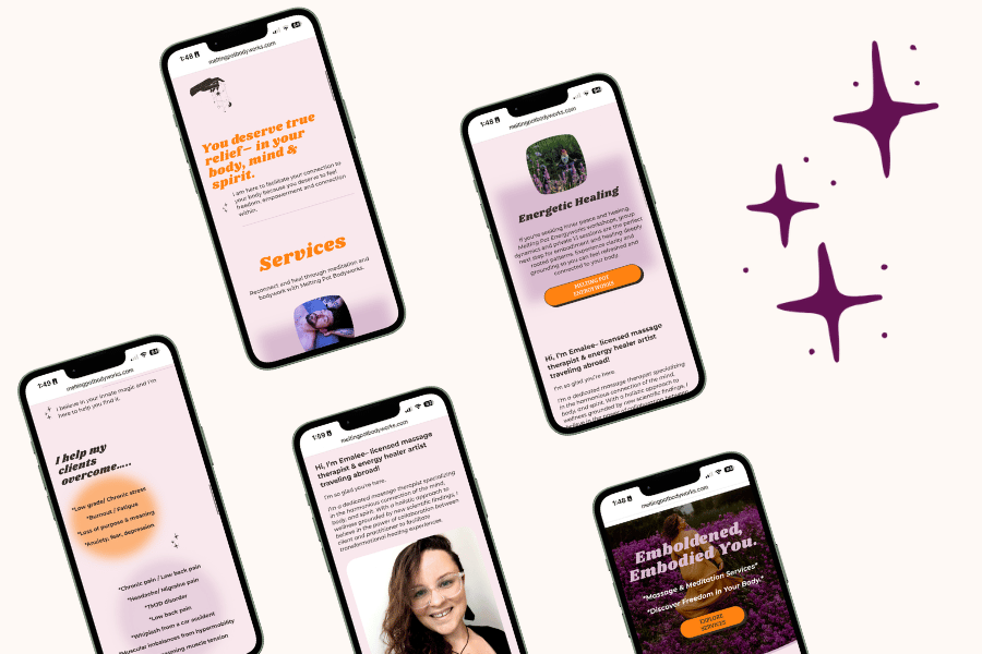 Melting Pot Bodyworks mobile pages on several phone screens