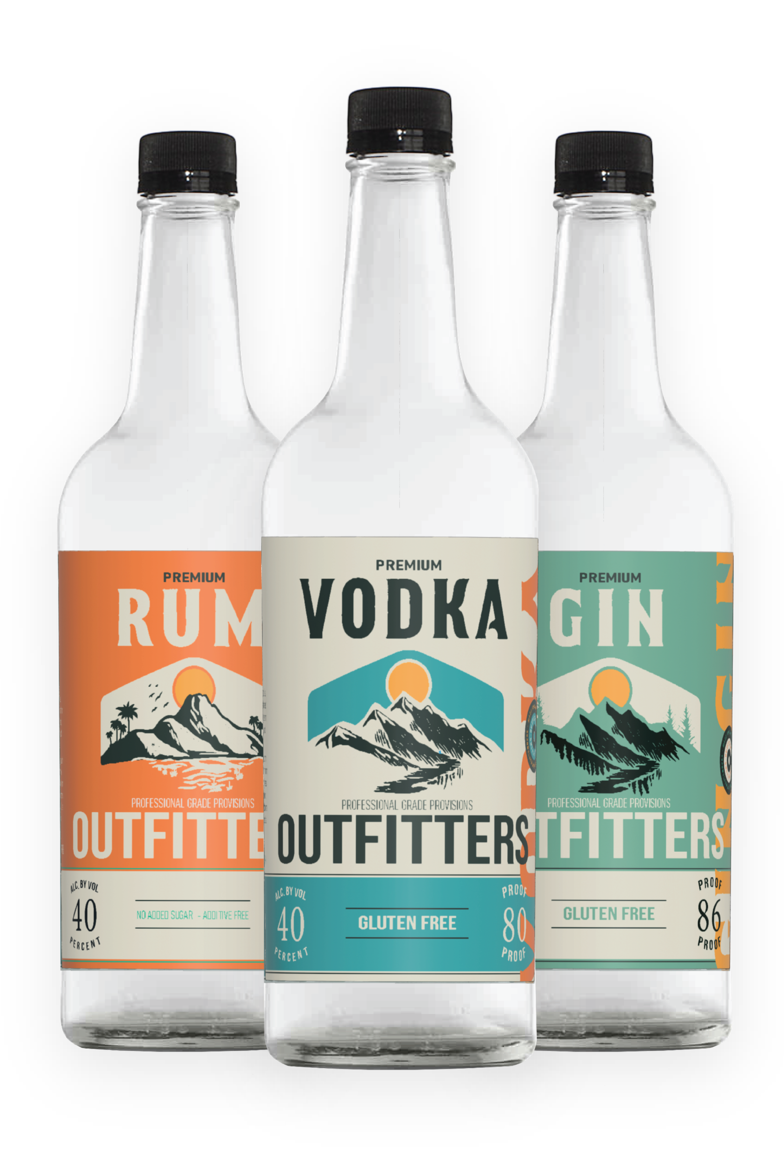Outfitters rum, vodka and gin bottles
