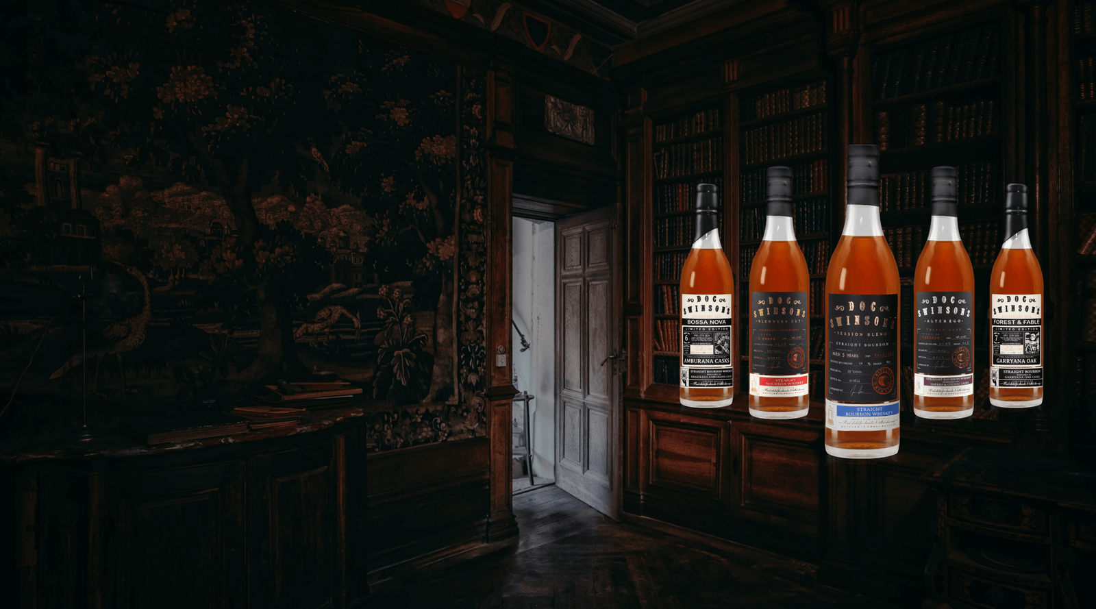 Row of Doc Swinson’s whiskey bottles in a dim bar