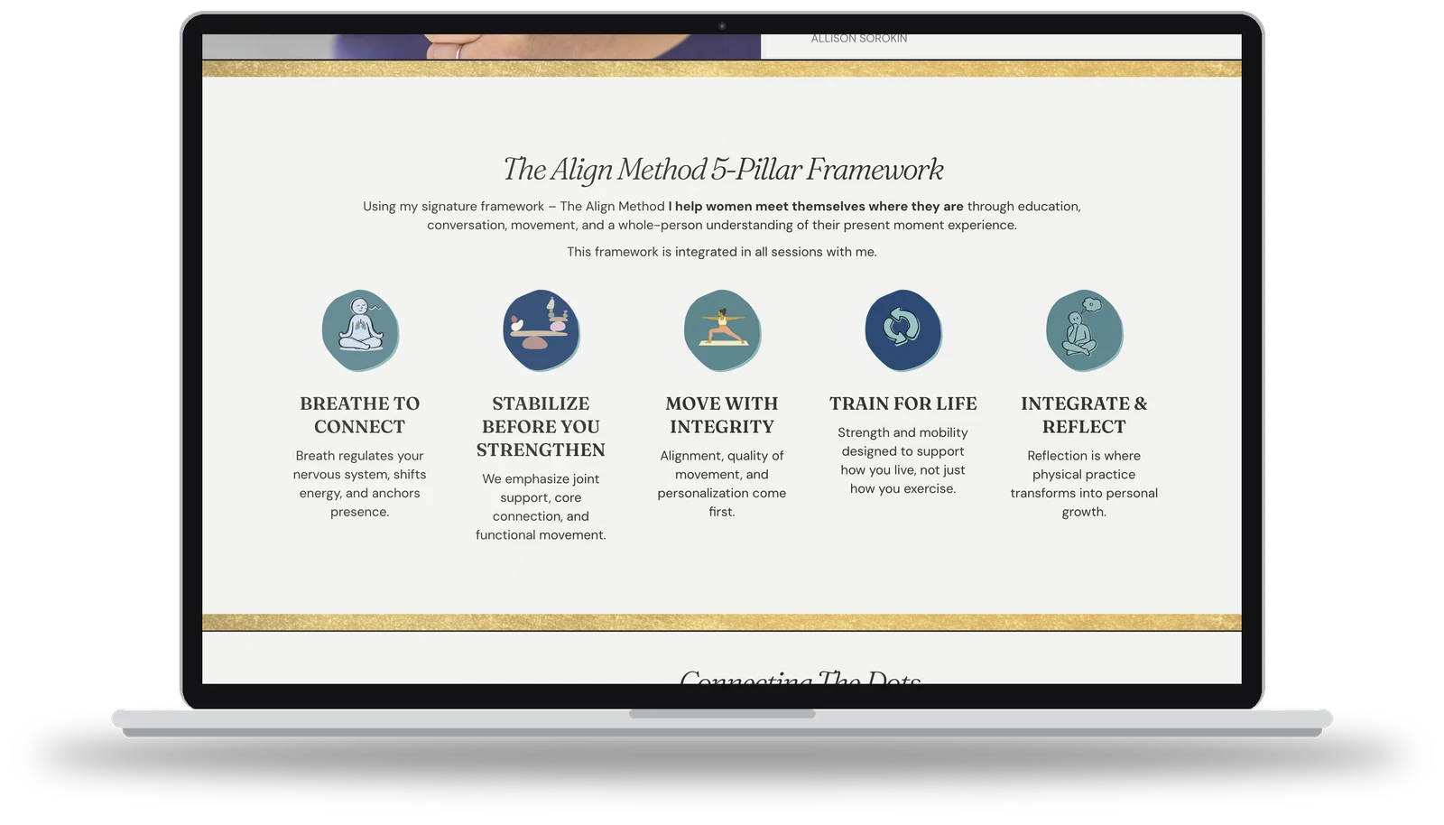 Align Yoga & Strength 5-Pillar Framework page on a laptop