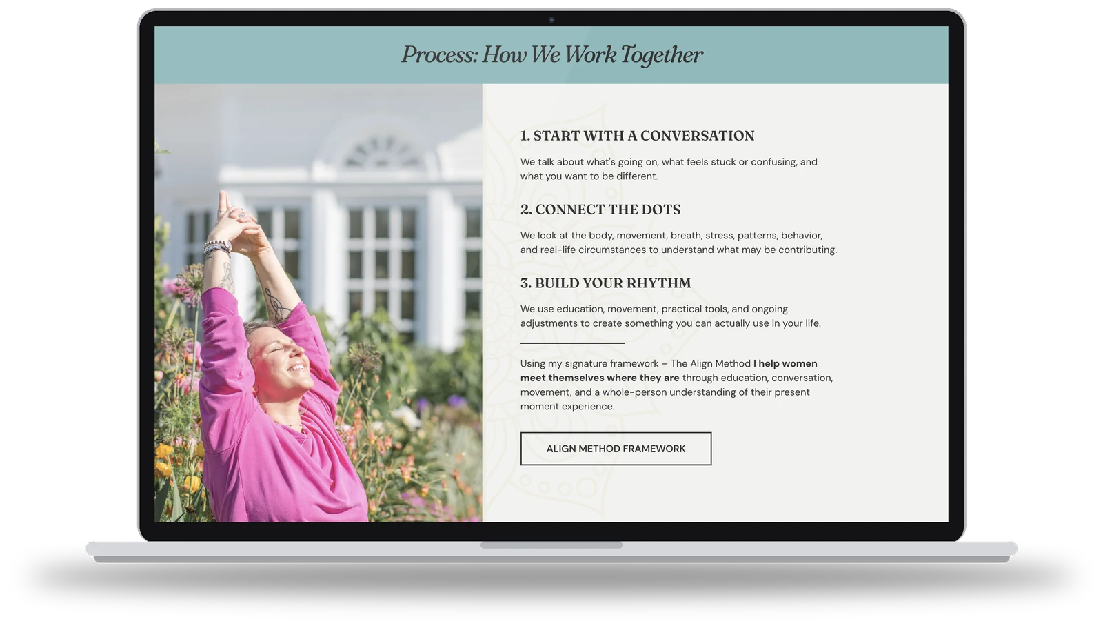 Align Yoga & Strength "How We Work Together" process page on a laptop