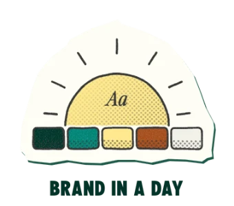 Small halftone sunrise sticker labeled “Brand in a Day”