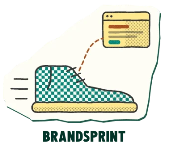 Small halftone checkered sneaker sticker labeled “BrandSprint”