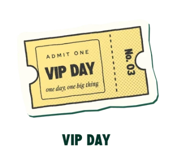 Small halftone ticket sticker labeled “VIP Day”