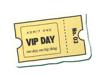 Small halftone ticket sticker marking a VIP Day project