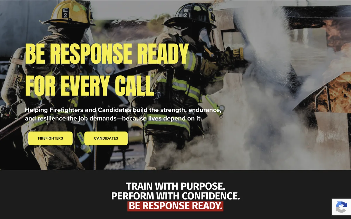 Firefighter Peak Performance homepage with the headline Be Response Ready for Every Call over firefighters spraying a fire