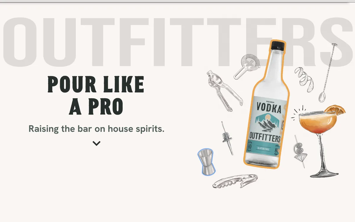 Outfitters homepage with the headline Pour Like a Pro beside an illustrated vodka bottle, cocktail and bar tools