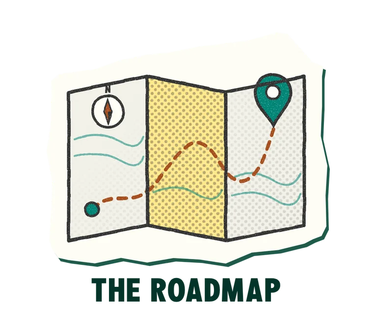 The Roadmap: illustrated folded map with a dotted route and location pin