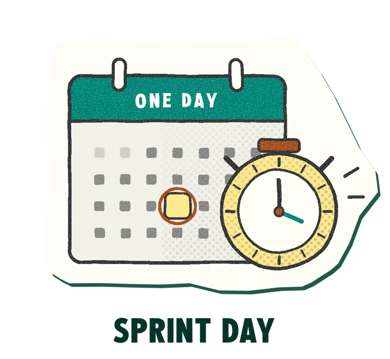 Sprint Day: illustrated one-day calendar with a stopwatch