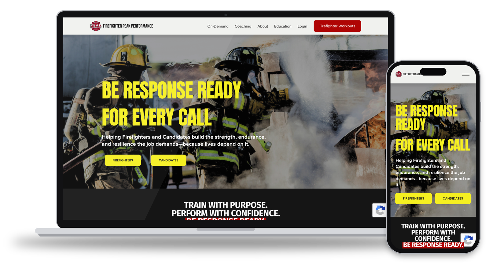 Firefighter Peak Performance "Be Response Ready" website on laptop and phone