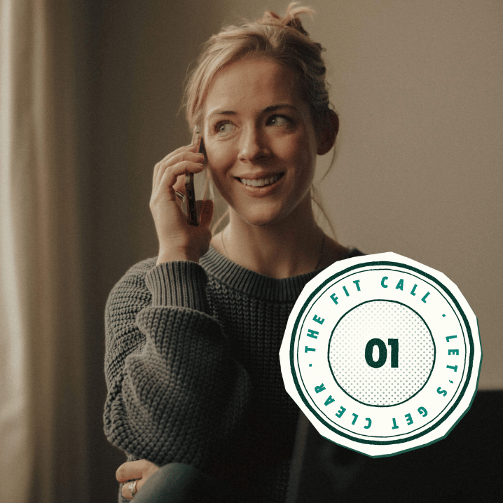 Alise Skiba smiling on a phone call, with a “01 · The Fit Call · Let’s Get Clear” stamp