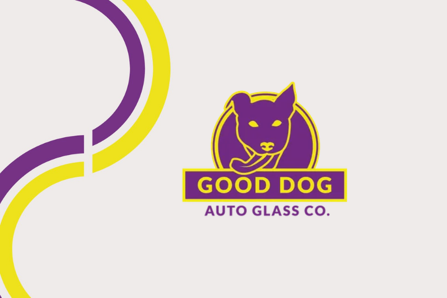 Good Dog Auto Glass Co. logo with purple and yellow bulldog mark