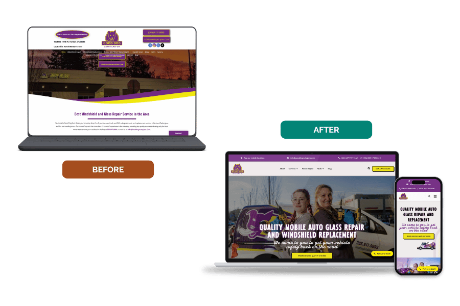 Good Dog Auto Glass website before and after redesign on laptop, desktop and phone