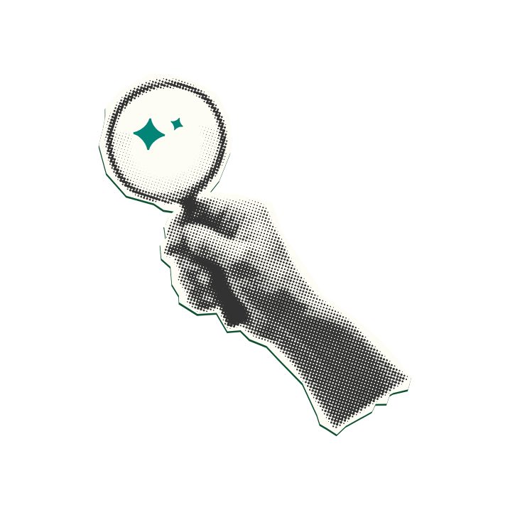 Halftone cut-out of a hand holding a magnifying glass, with teal sparkles in the lens