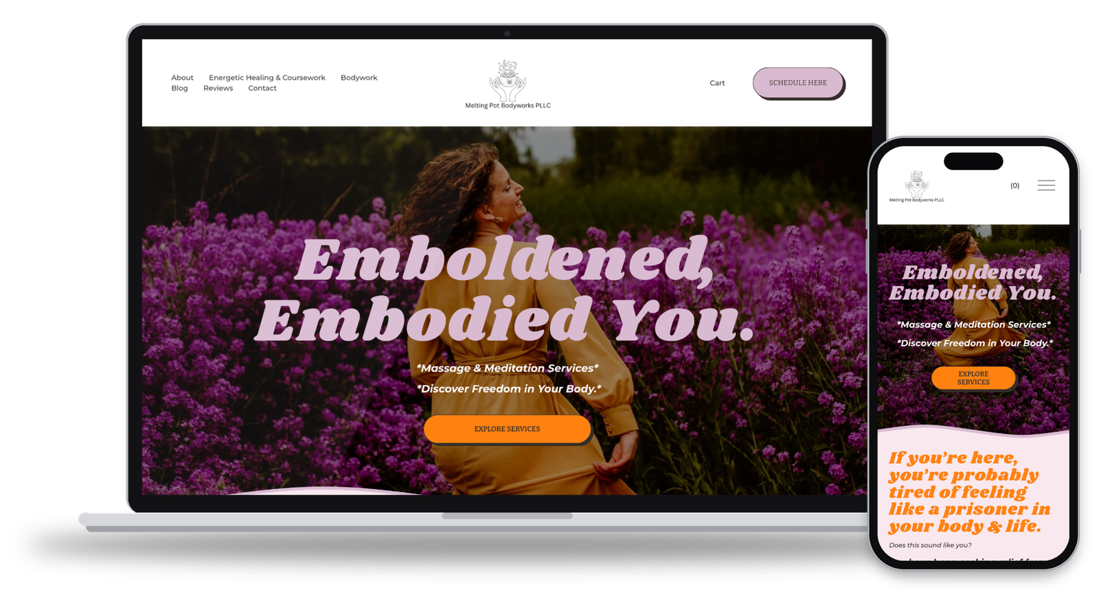 Melting Pot Bodyworks "Emboldened, Embodied You" website on laptop and phone
