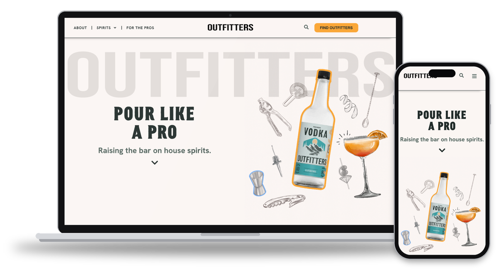 Outfitters "Pour like a pro" website on laptop and phone