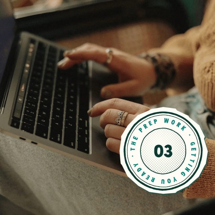 Hands typing on a laptop next to a "03 Prep Work" badge