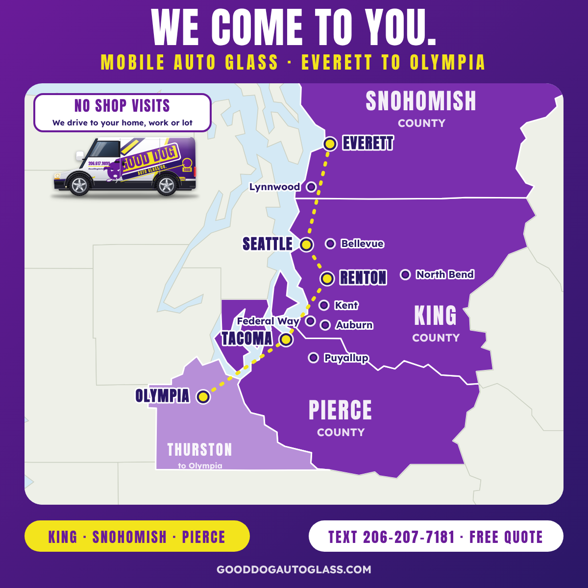 Good Dog Auto Glass service area map covering King, Pierce, Snohomish and Thurston counties